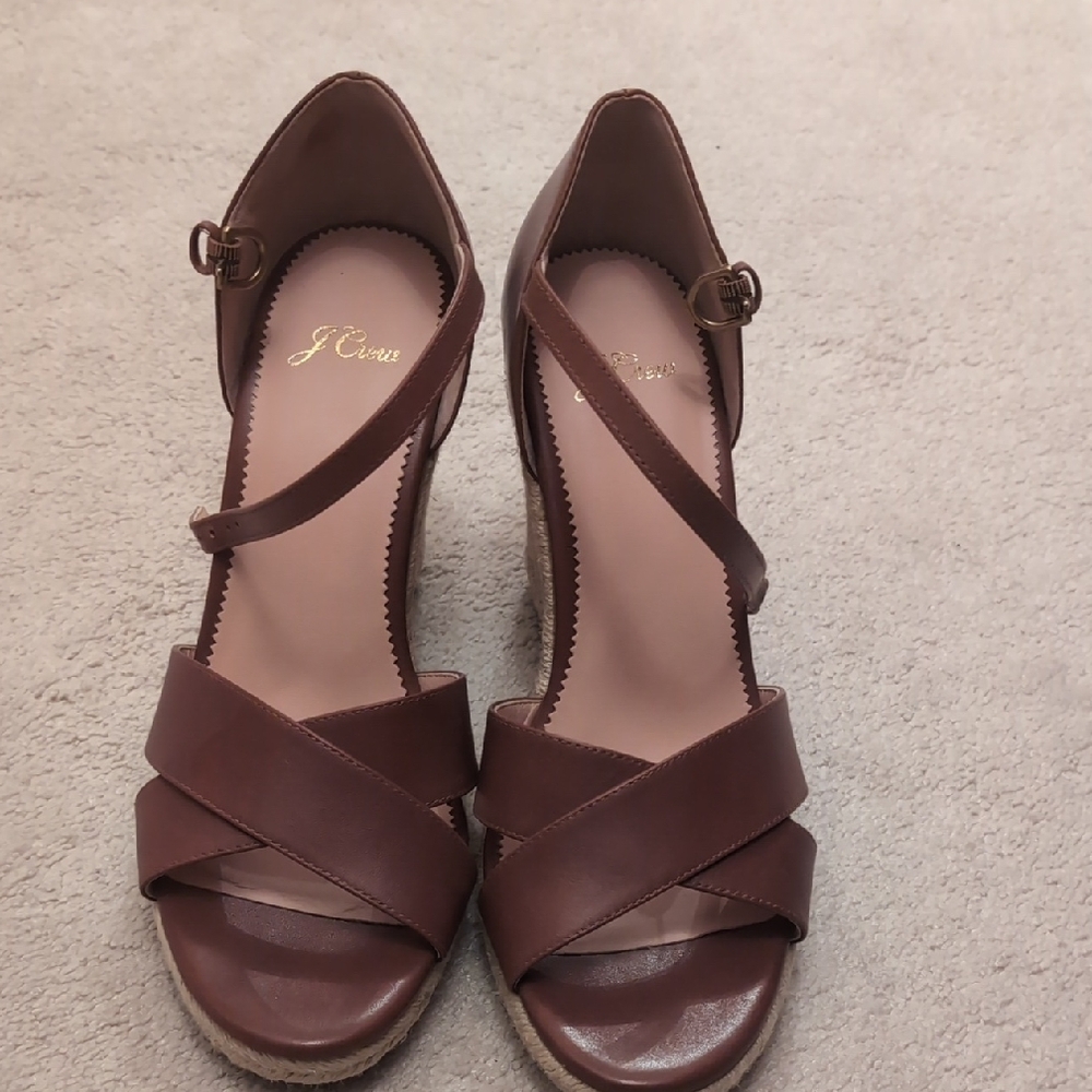 J. Crew Brown Leather Wedge Sandals with Ankle Strap